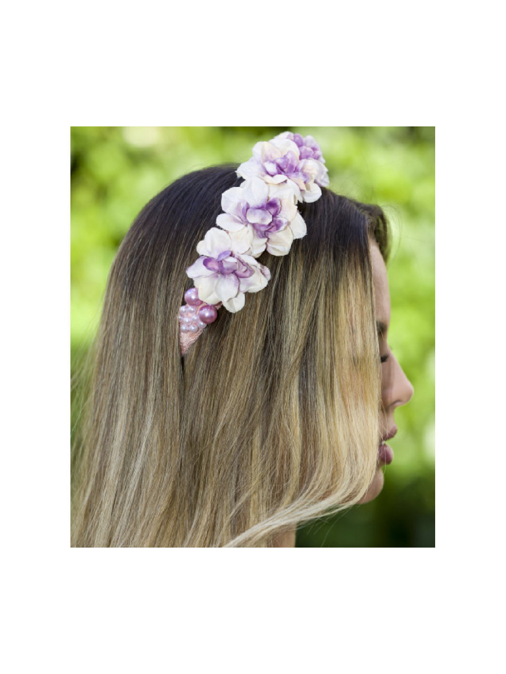 Tiara com Flores e Pérolas Lilás Boho Gestantes Grinalda