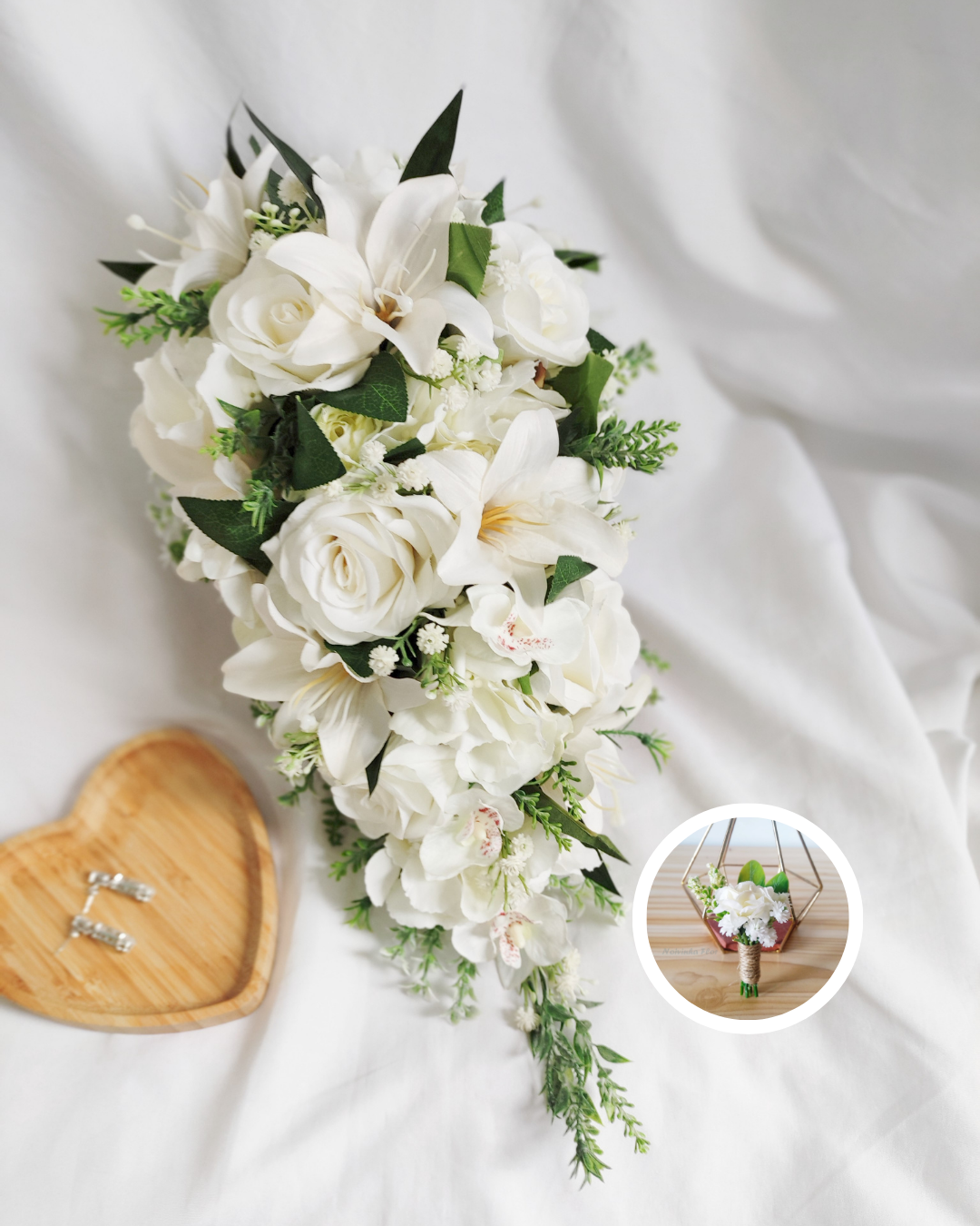 Kit Buquê Cascata Rosas e Lírios com Lapela Noivinha Flor