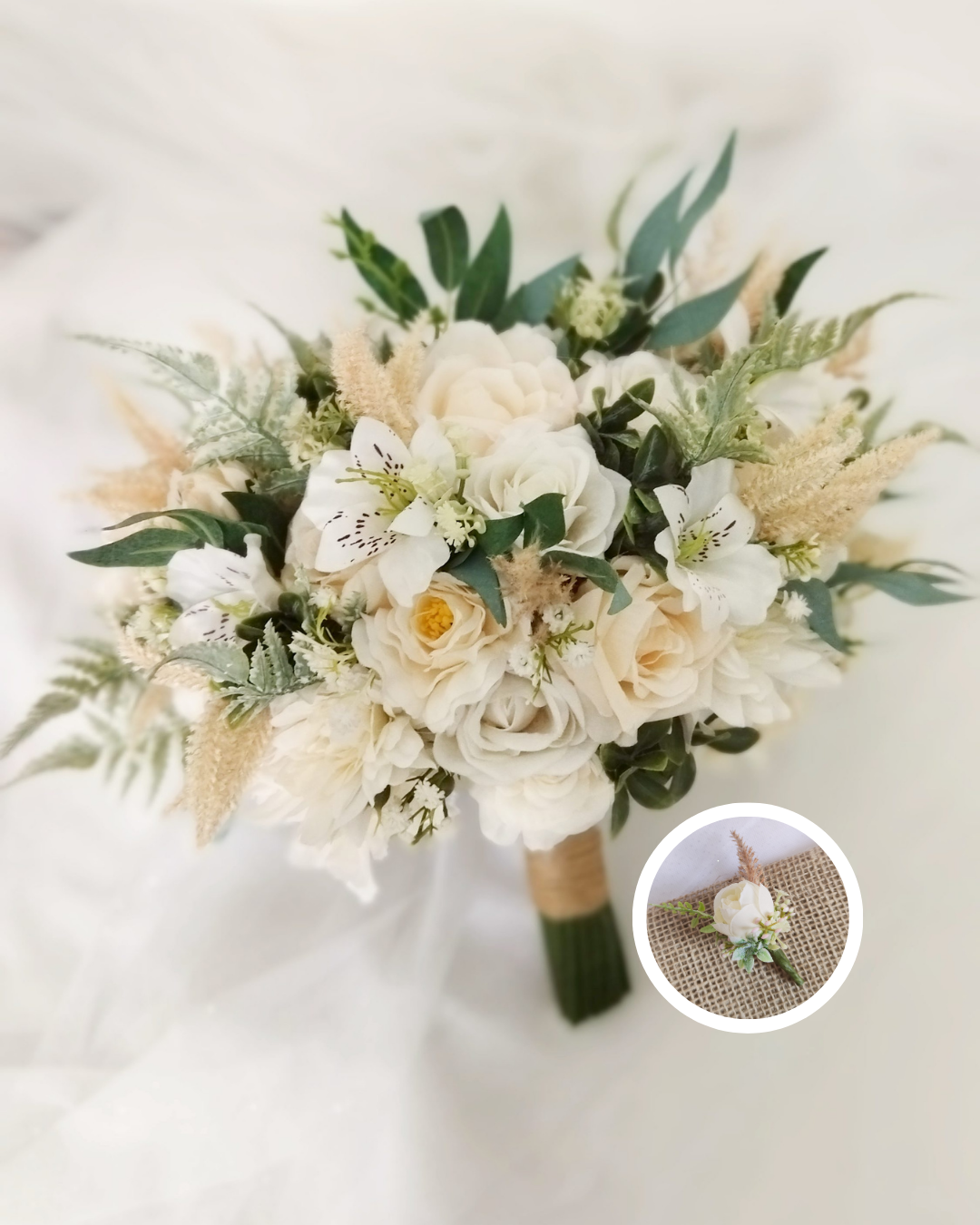 Kit Buquê Classico Branco e Champagne com Lapela Noivinha Flor