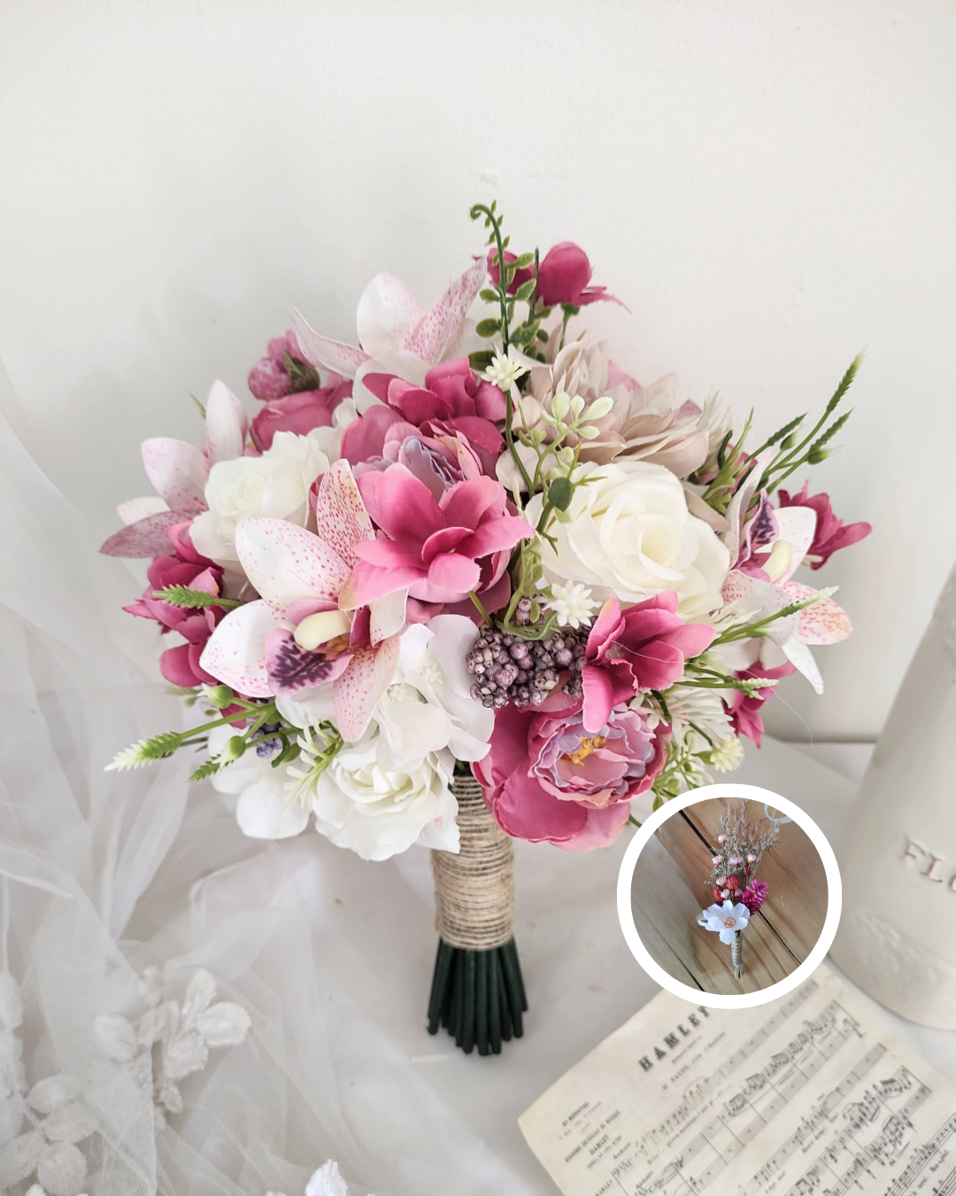 Kit Buquê Orquídea Fúscia e Lapela Noivinha Flor