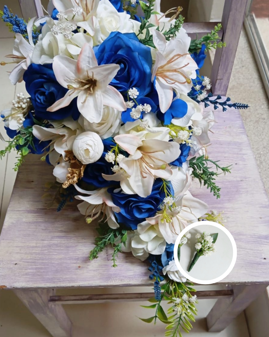 Kit Buquê Cascata Azul Royal e Lapela Noivinha Flor