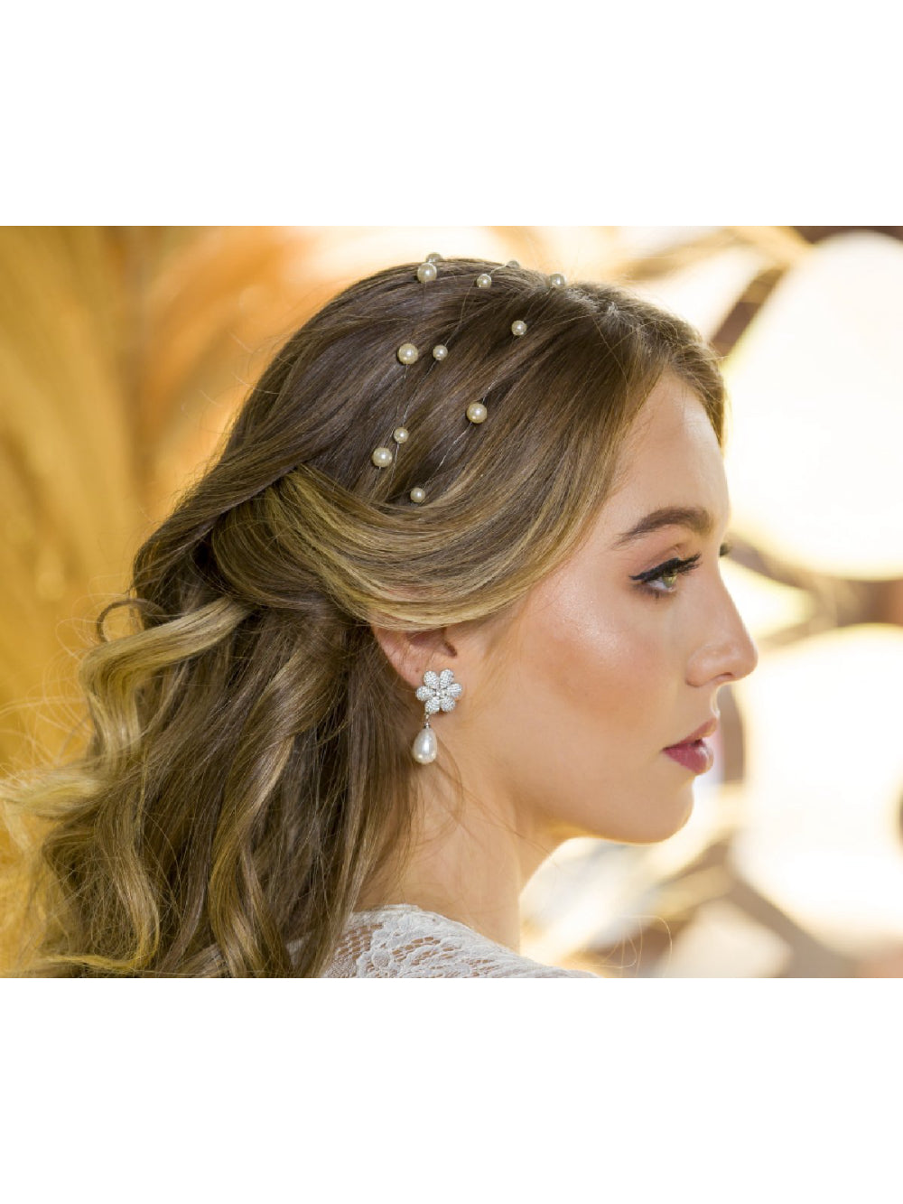 Arranjo de Cabelo para Noivas Fio Longo de Pérolas Grinalda Penteado