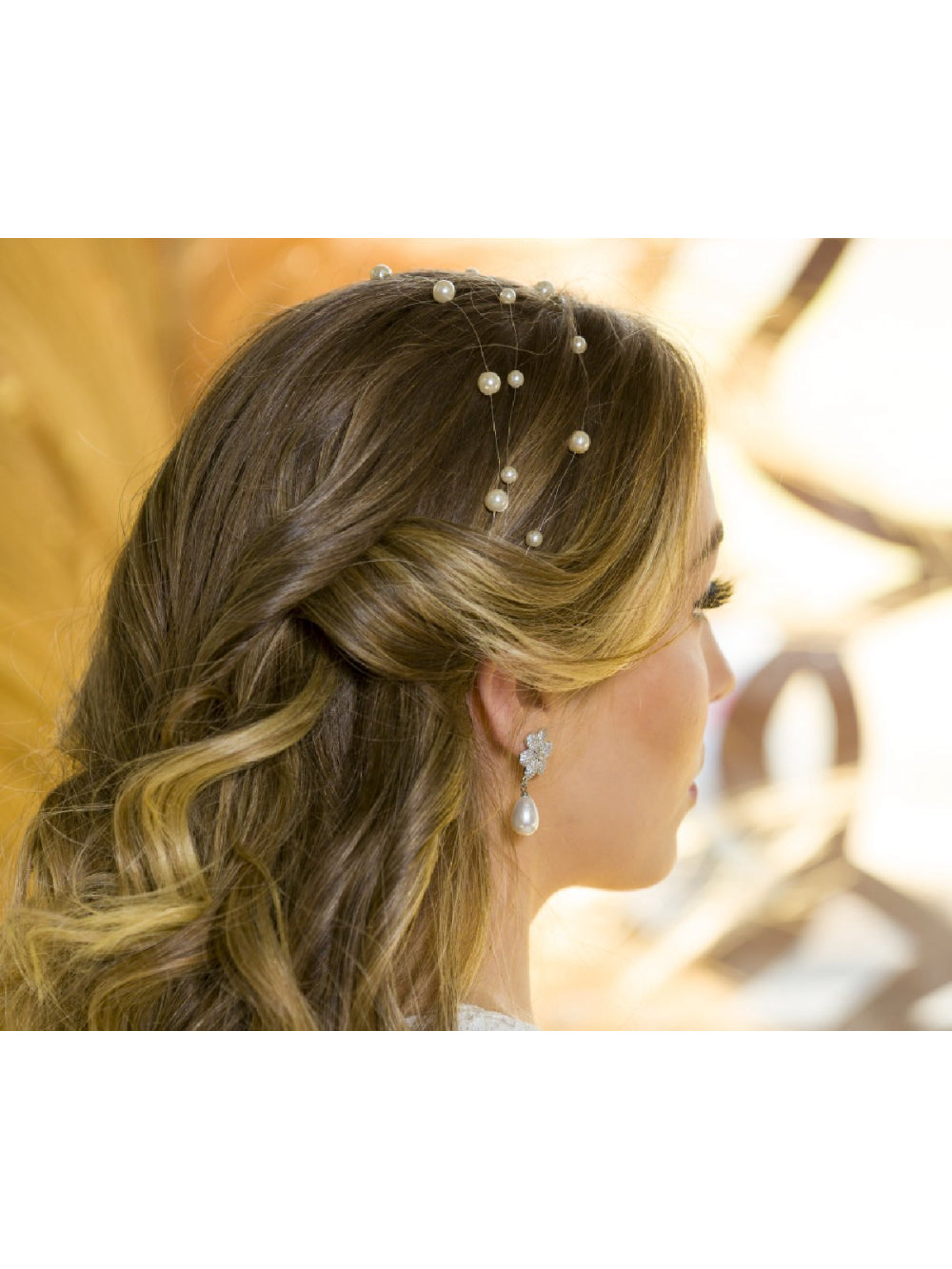 Arranjo de Cabelo para Noivas Fio Longo de Pérolas Grinalda Penteado