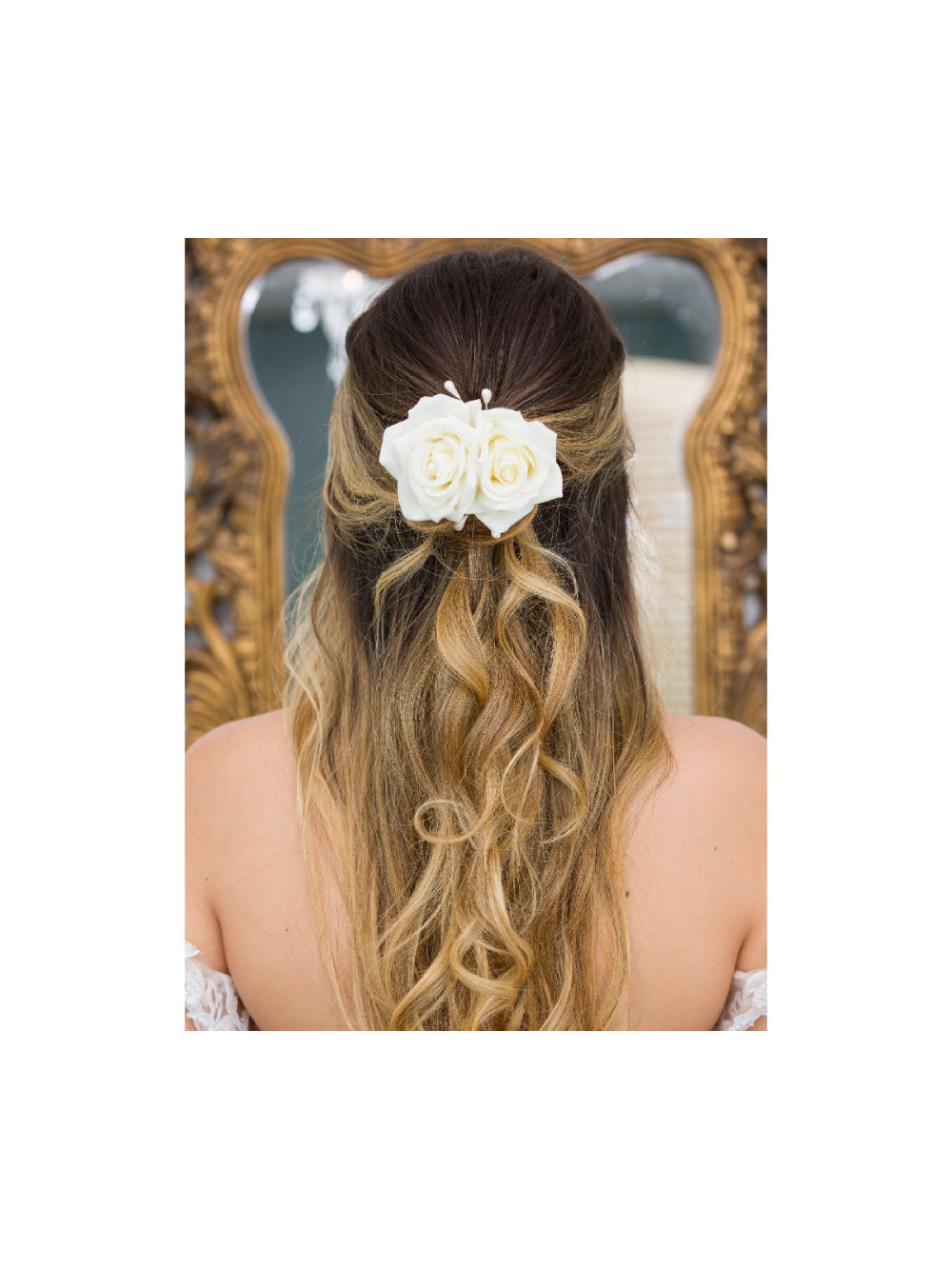 Arranjo Grinalda Flor de Cabelo Rosas Duplas para Noivas