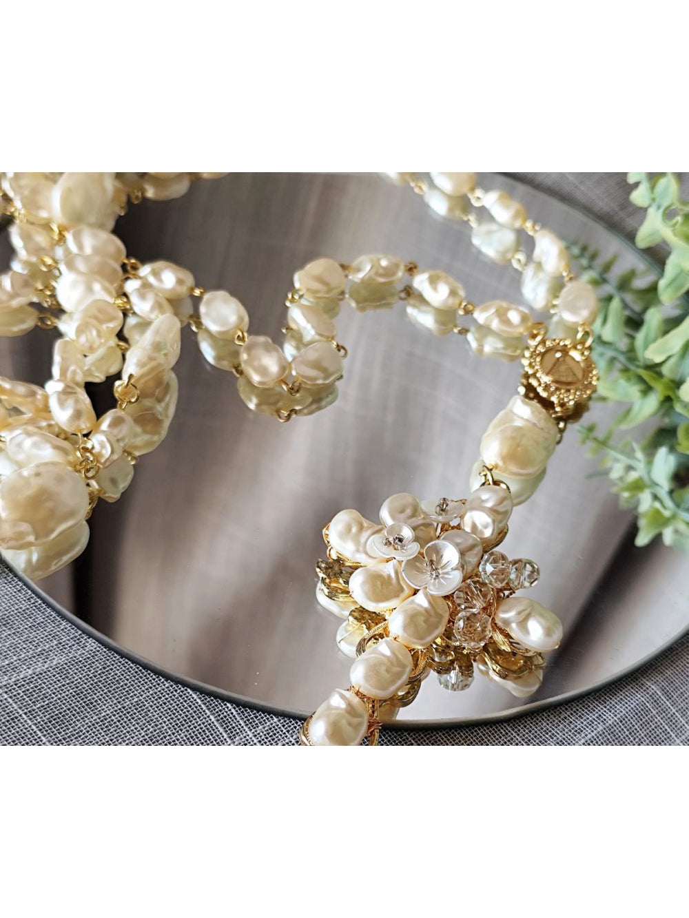 Terço Pérolas Orgânicas Dourado Noiva Buque Casamento