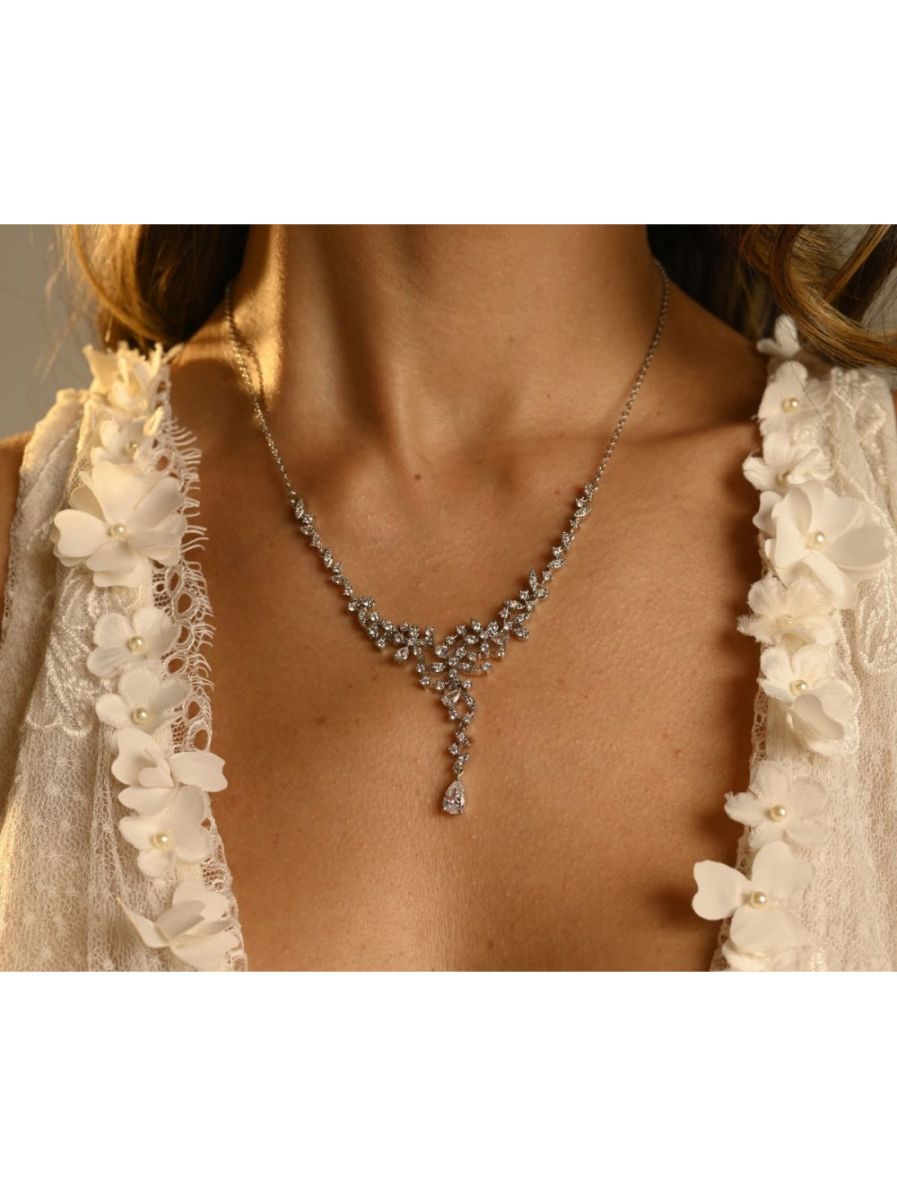Conjunto Delicado de Brinco e Colar com Flores Noiva Festa