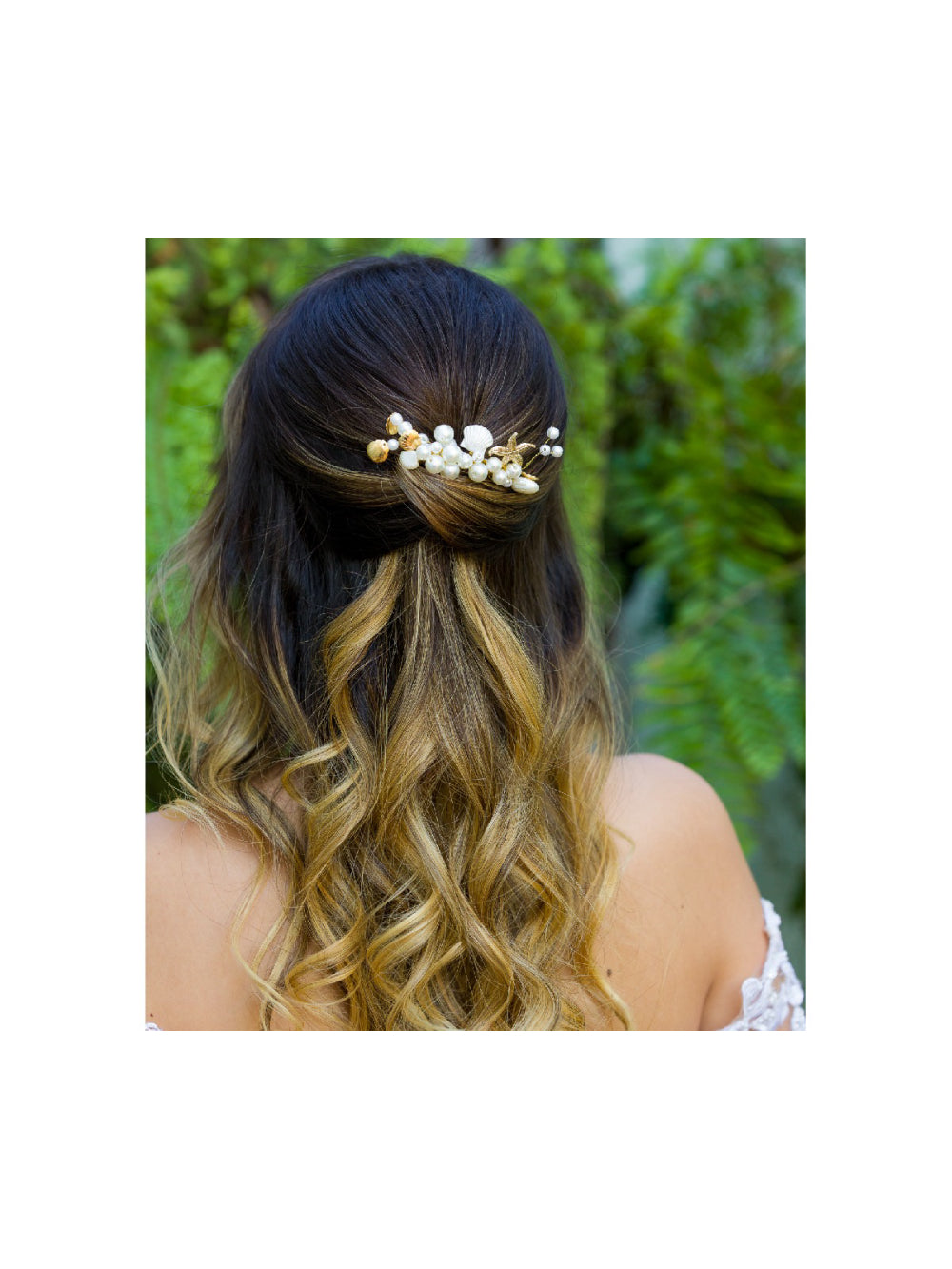 Arranjo de Cabelo para Noivas Grinalda Conchas Pérola Praia