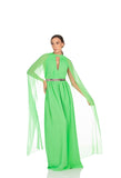 Vestido Longo Fluído Com Cinto Bordado e Manga
