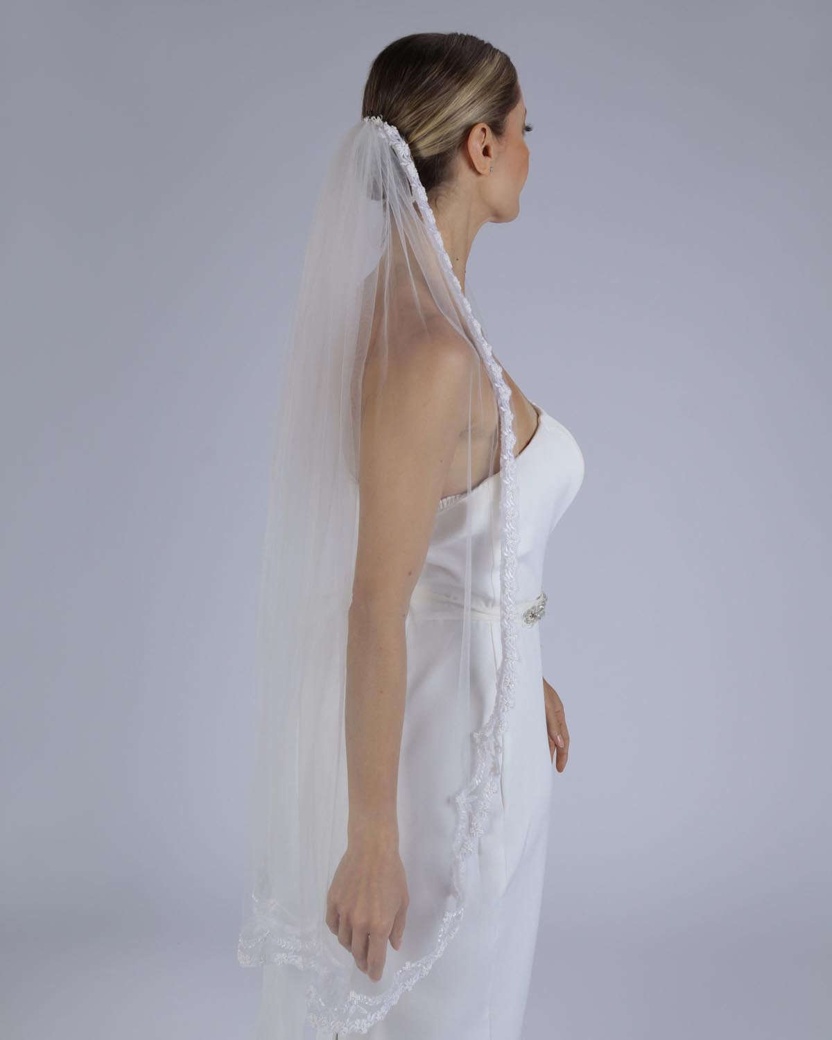 Mantilha Noiva Curta Tule Bordado Jade Esposar