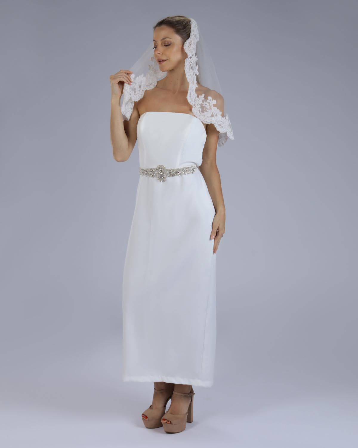 Mantilha Noiva Curta Tule Renda Sutache Denise Esposar