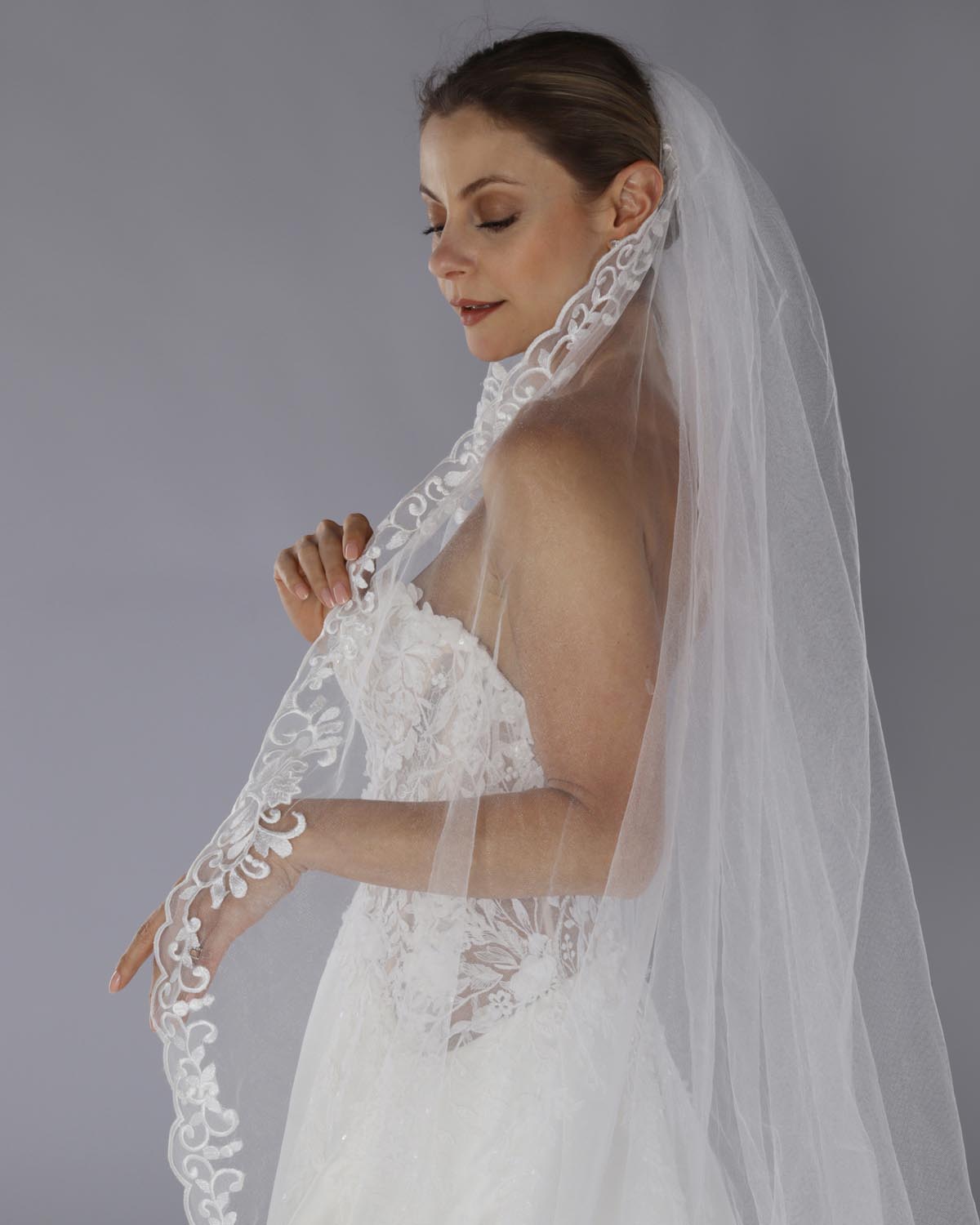 Mantilha Noiva Longa Tule Renda Ramos Marcella Esposar