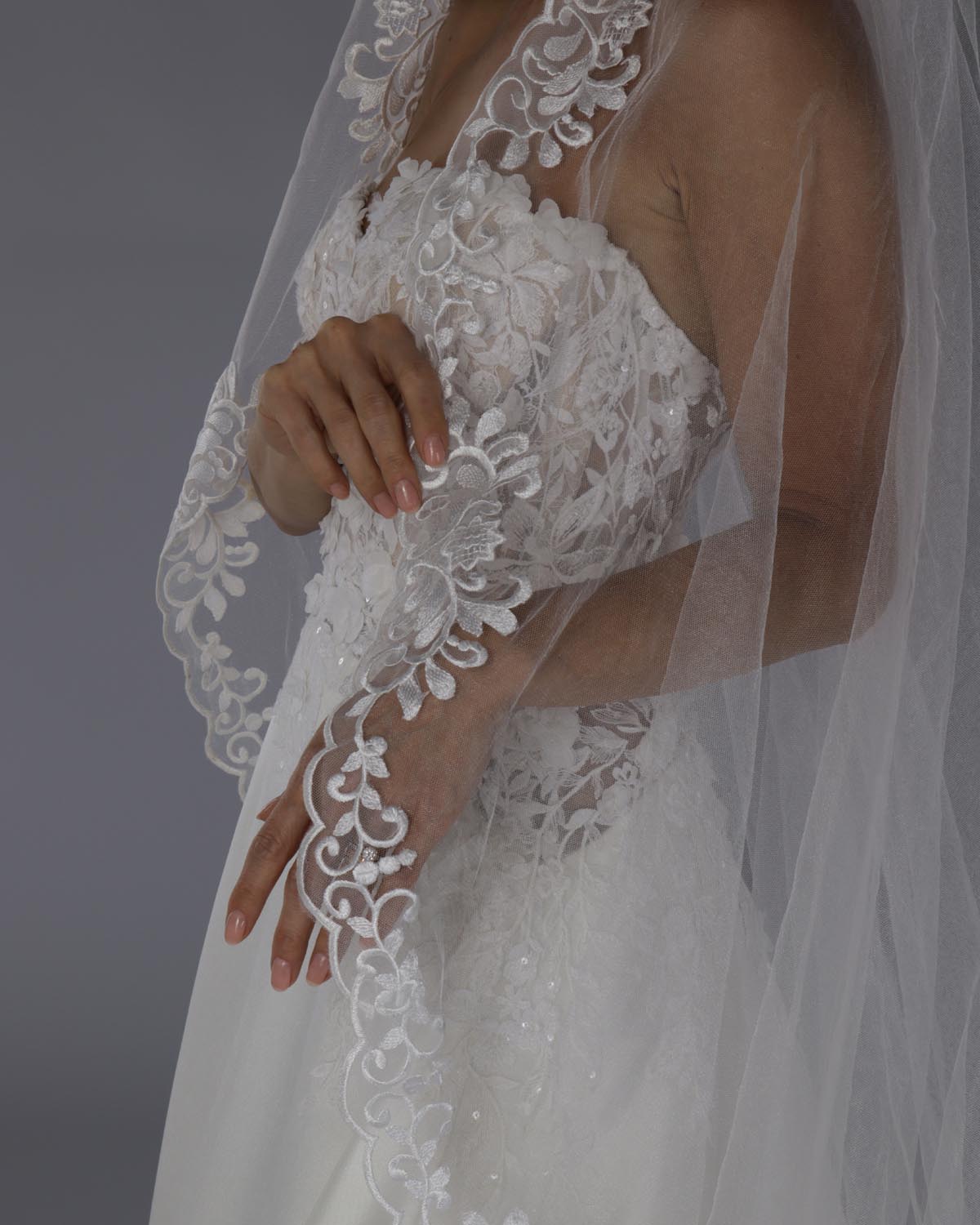 Mantilha Noiva Longa Tule Renda Ramos Marcella Esposar