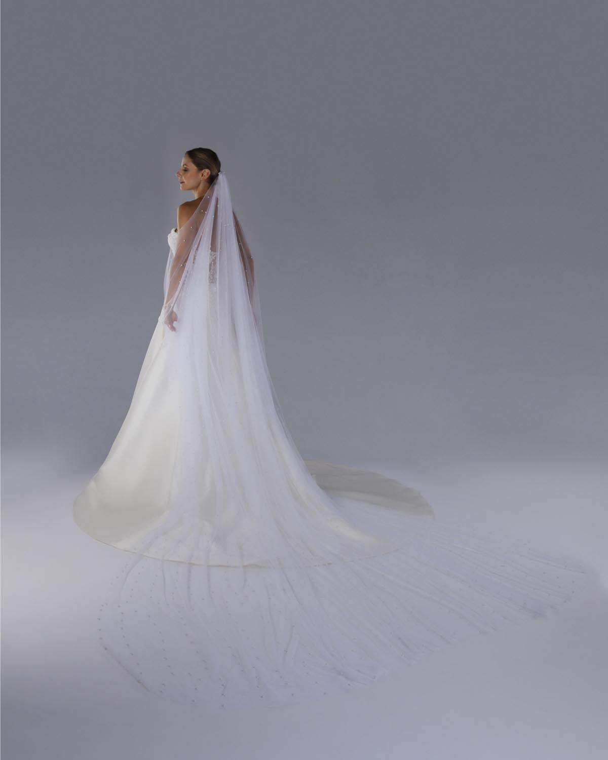 Véu Noiva Longo Tule Bordado Pérolas Debora Esposar