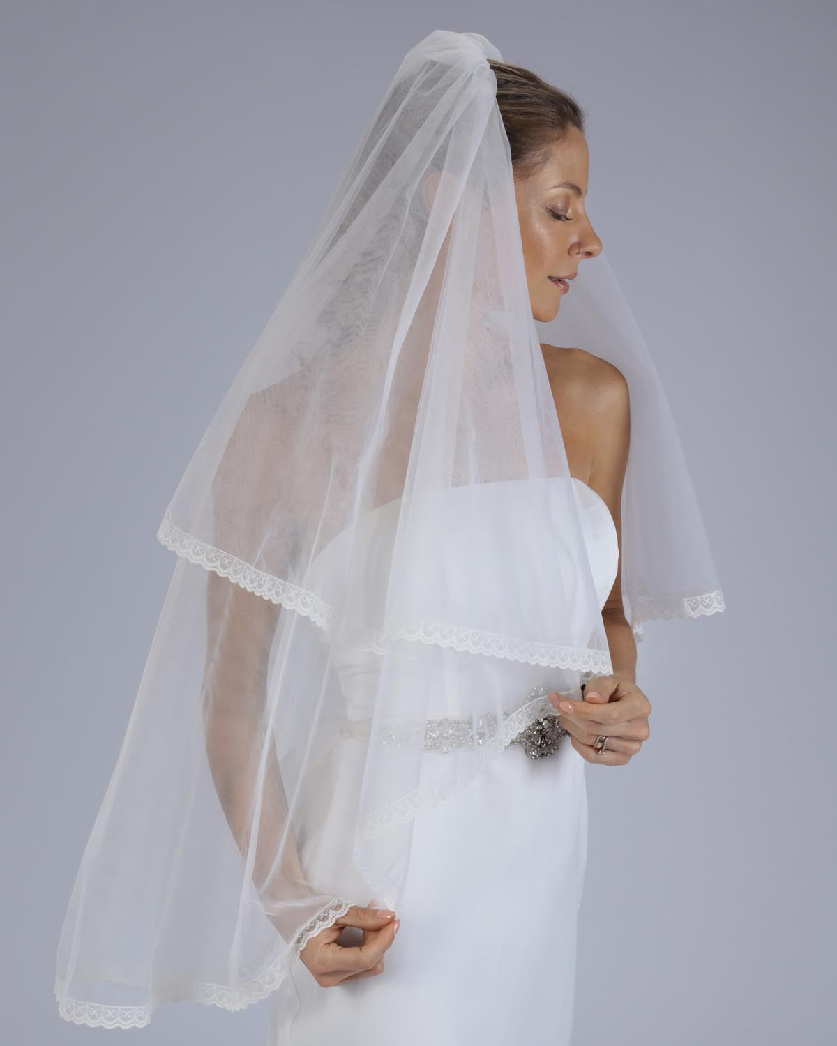 Véu Noiva Médio Tule Francês Renda Aline Esposar