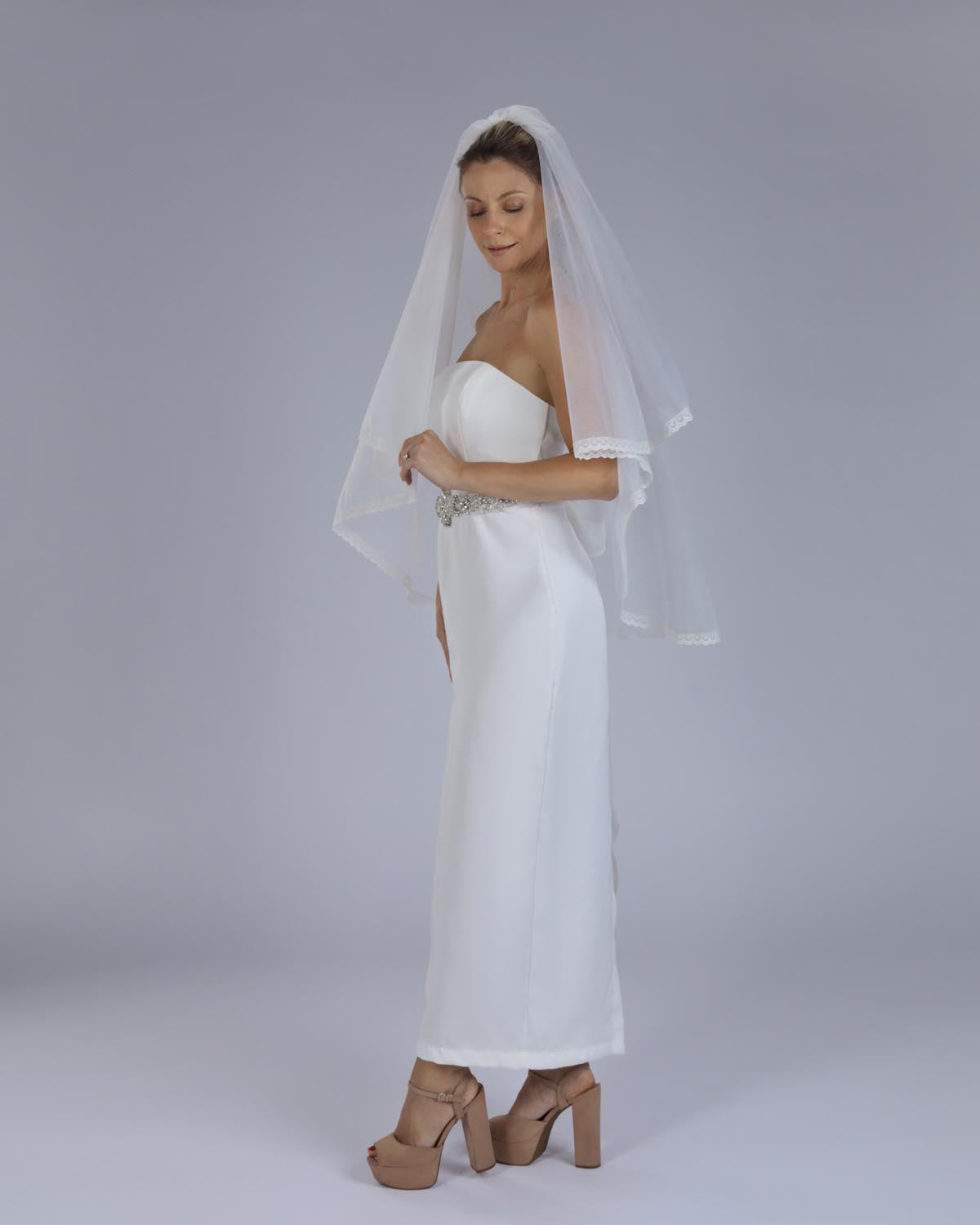 Véu Noiva Médio Tule Francês Renda Aline Esposar