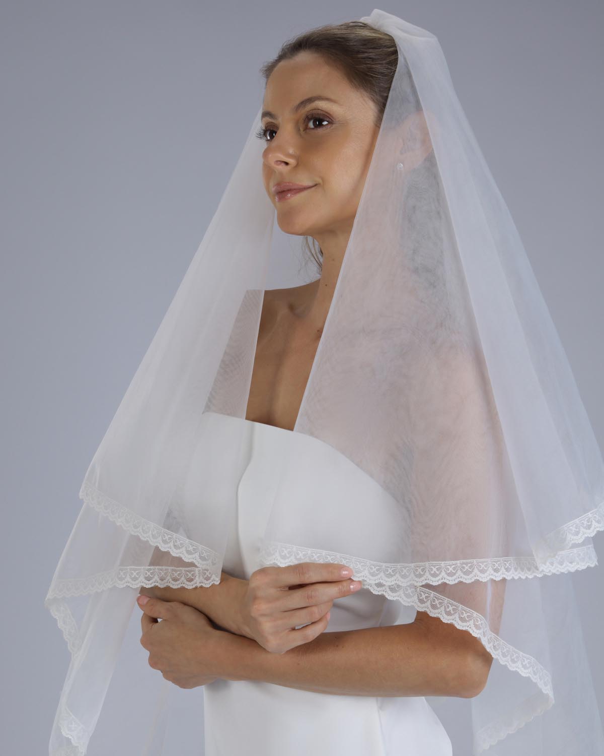 Véu Noiva Médio Tule Francês Renda Aline Esposar