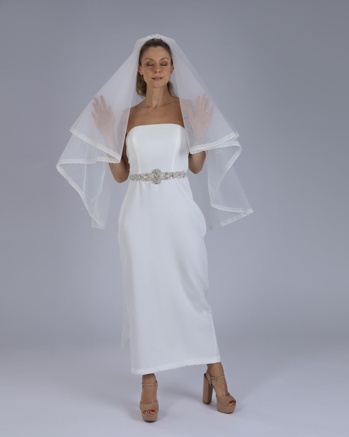 Véu Noiva Médio Tule Francês Renda Aline Esposar