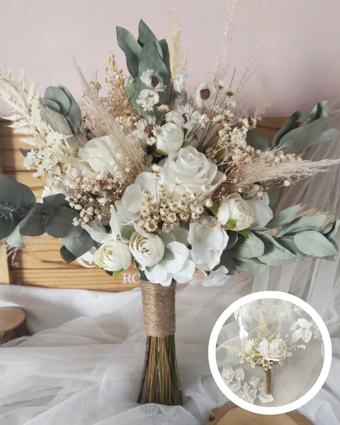 Kit Buquê Rustico Branco Off  White e Lapela Noivinha Flor