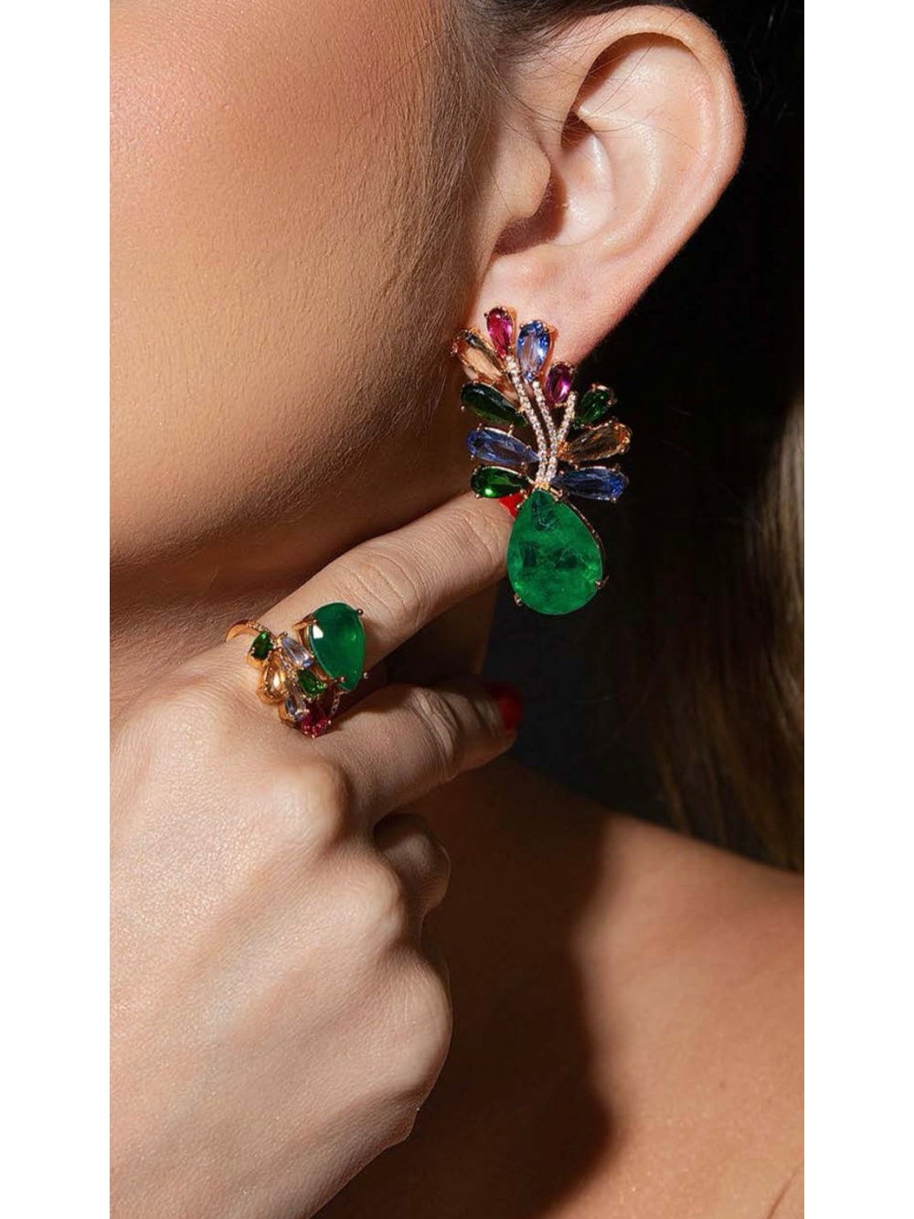 Conjunto de Festa Anel e Brinco Fusion Esmeralda Tania Vieira