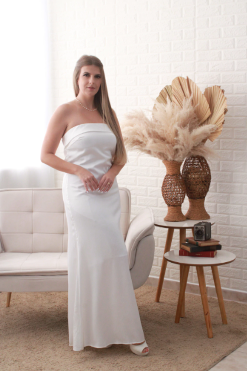 Vestido de Cetim Tomara que Caia  Midi  Branco Serena Wear