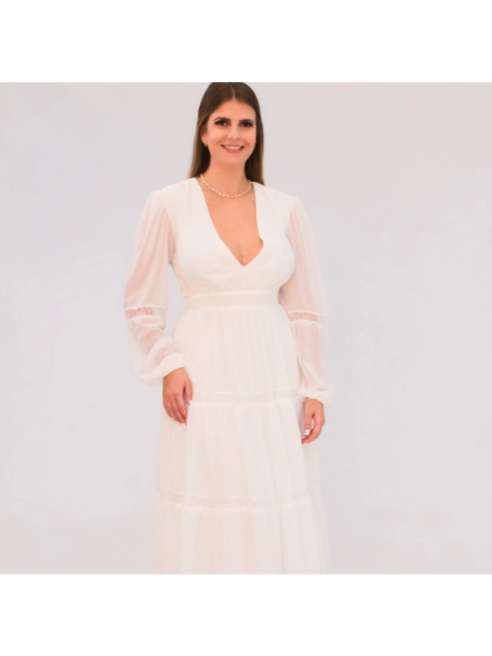 Vestido com Decote V e Mangas Longas  Midi  Off White Serena Wear