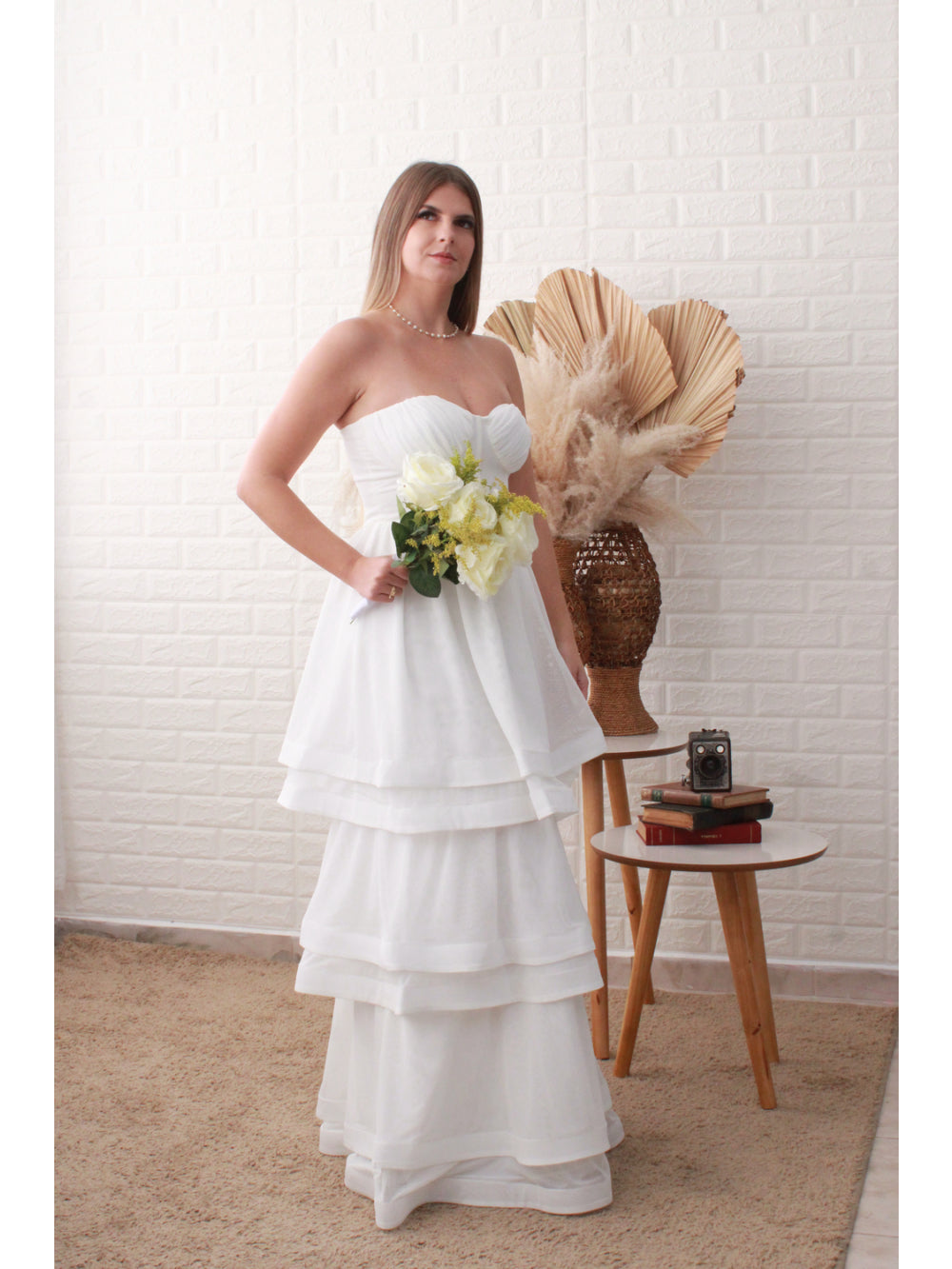 Vestido Longo com Saia em Camadas Off White Serena Wear
