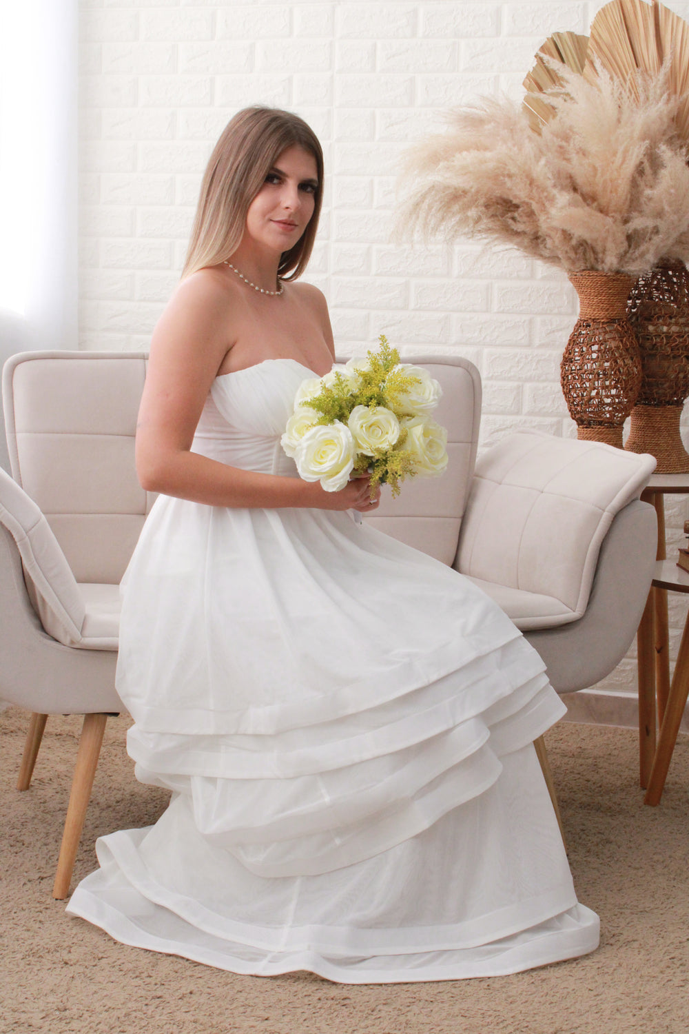 Vestido Longo com Saia em Camadas Off White Serena Wear