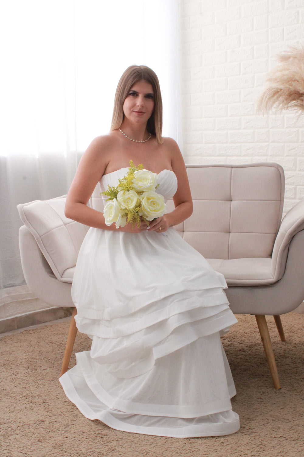 Vestido Longo com Saia em Camadas Off White Serena Wear