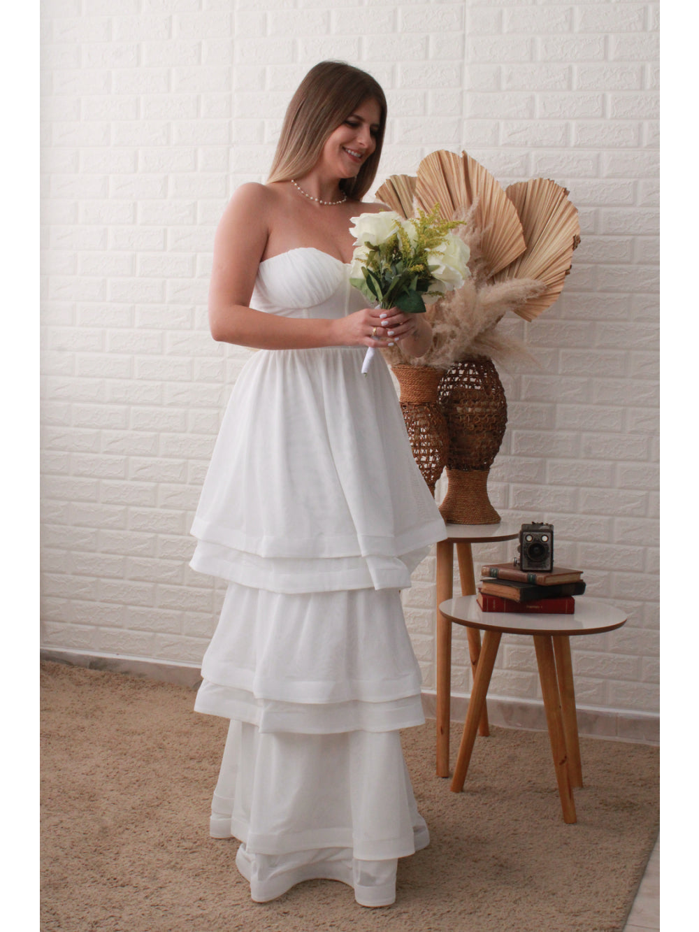 Vestido Longo com Saia em Camadas Off White Serena Wear