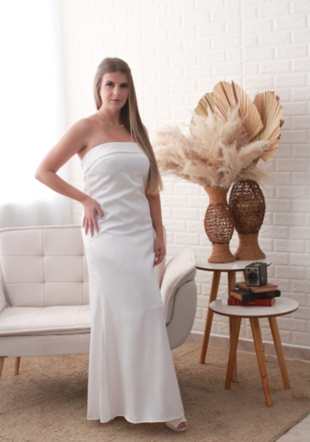 Vestido de Cetim Tomara que Caia  Midi  Branco Serena Wear